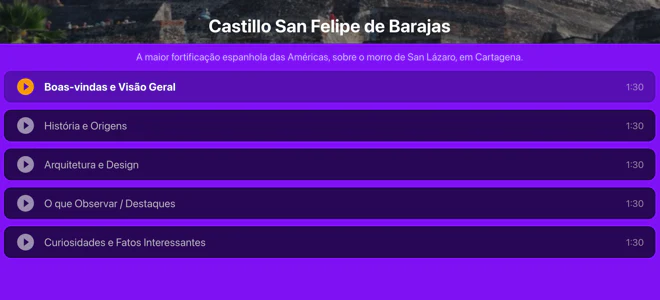 Tela do áudio-guia no aplicativo, com as faixas narradas do Castillo San Felipe de Barajas