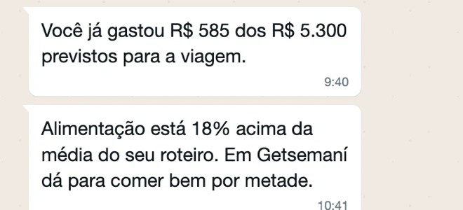 Conversa no WhatsApp avisando quanto já foi gasto e que a alimentação está acima da média do roteiro