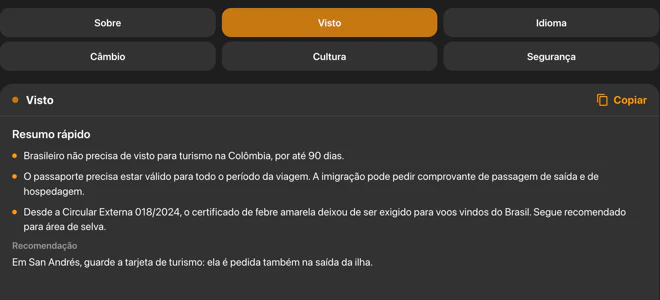 Tela de informações do destino no aplicativo, aberta na aba Visto de Cartagena